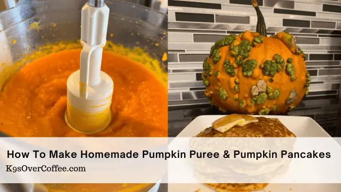Collage of homemade pumpkin puree in a food processor and homemade pumpkin pancakes on a square white plate