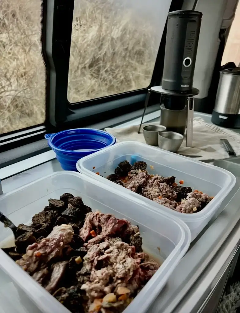 Homemade raw dog food mixed with dehydrated raw meals for two dogs packed in plastic containers inside a camper van, showing raw muscle meat, organs, and vegetables next to a blue collapsible travel bowl and a portable espresso maker, prepared during a road trip to Denmark